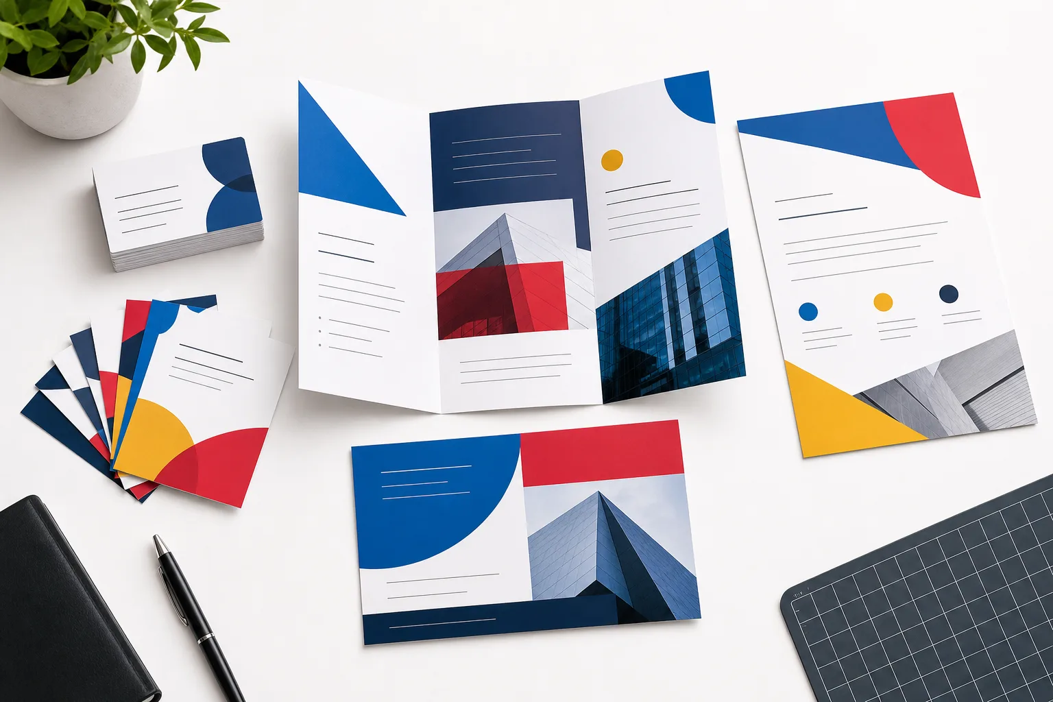 Fresh printed marketing materials arranged on a clean surface.
