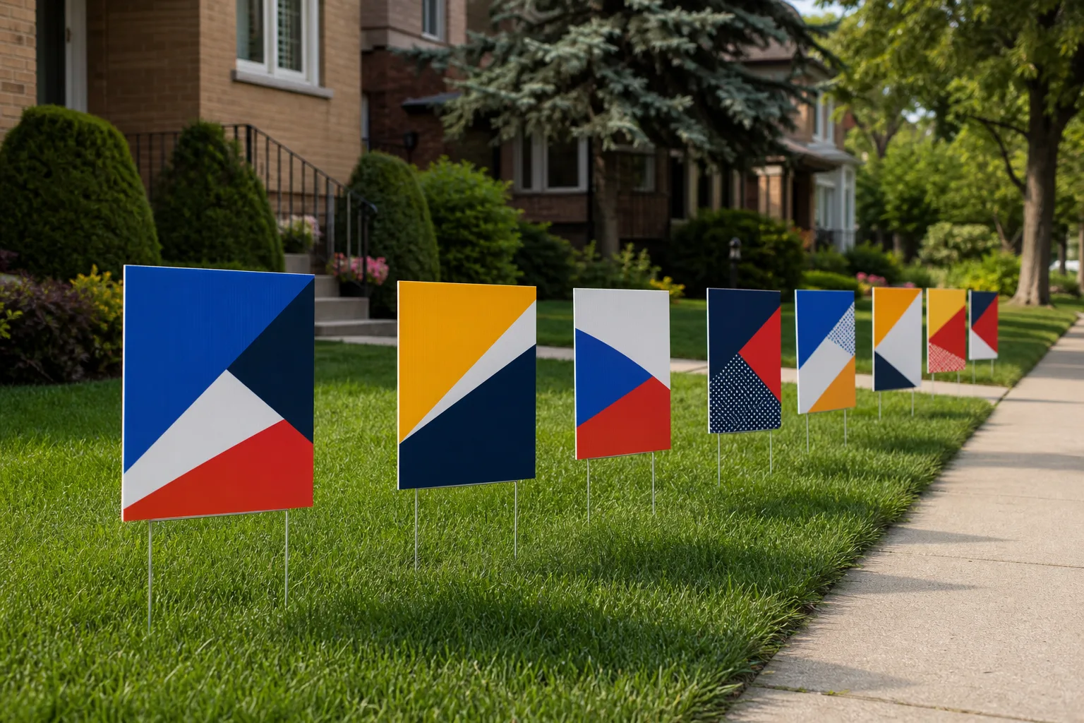 Corrugated plastic lawn signs staked into grass.