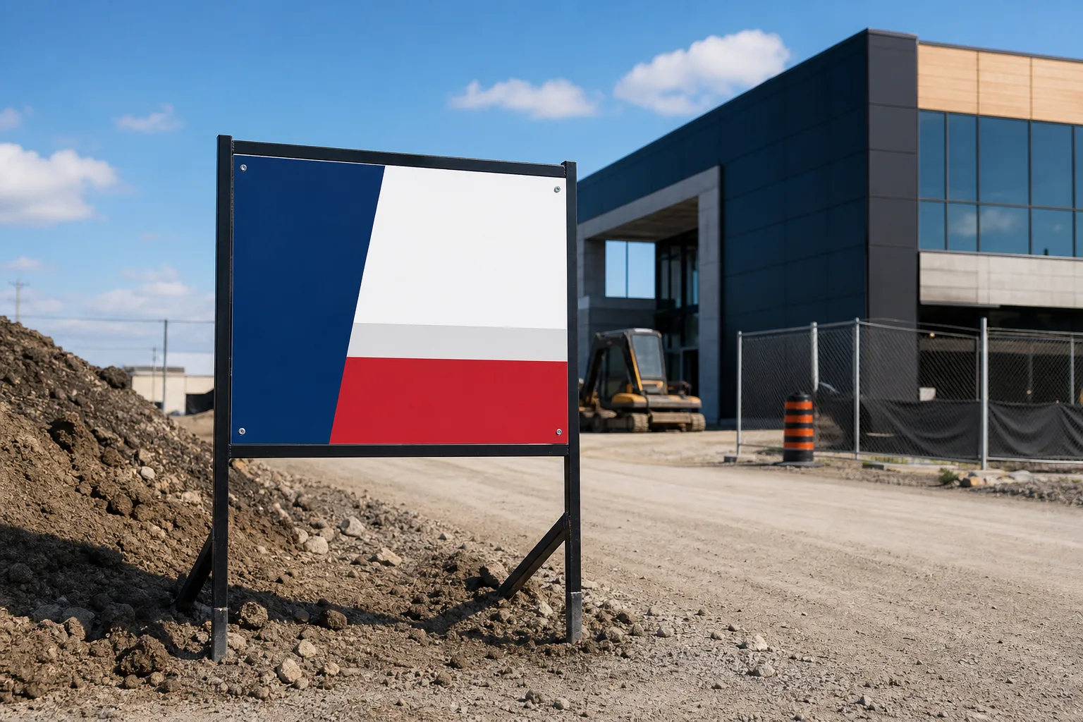 T-frame construction site sign at a project entrance.